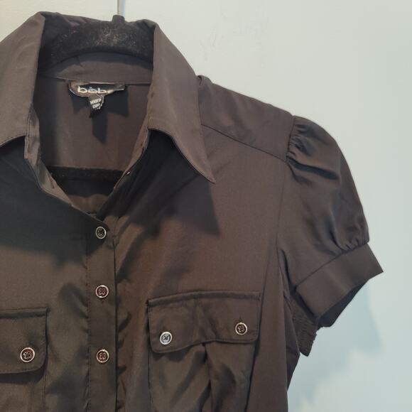Bebe Sz 6 Y2K Black Silk Button Up Shirt Safari Pockets Corset Style Bodice - Picture 2 of 6